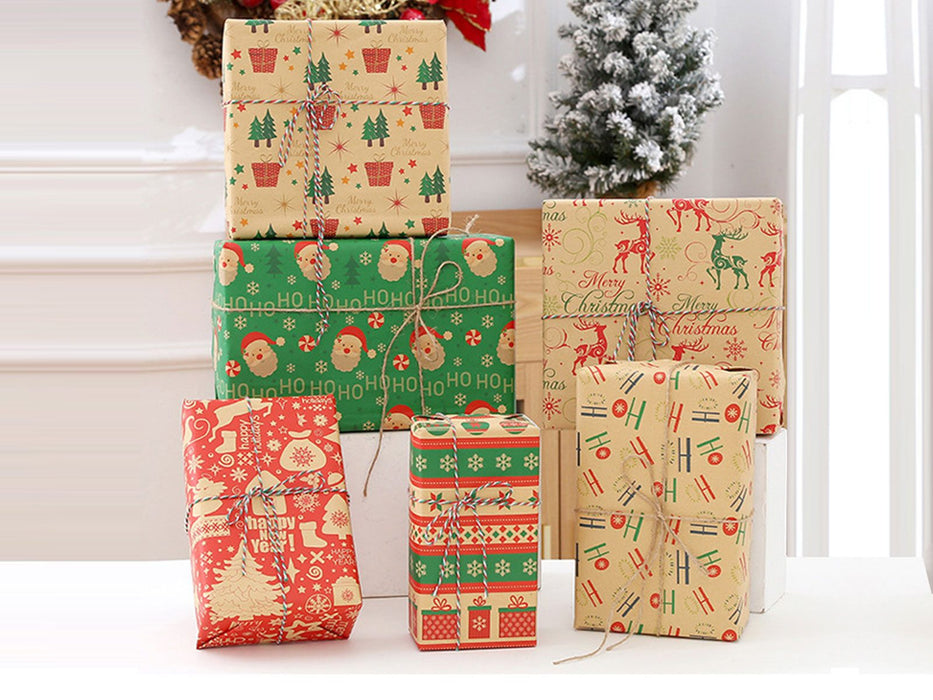 6 Pcs Christmas Wrapping Papers with Jute Strings