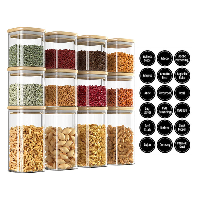 12 Square Glass Storage Jars with 144pc Label Set