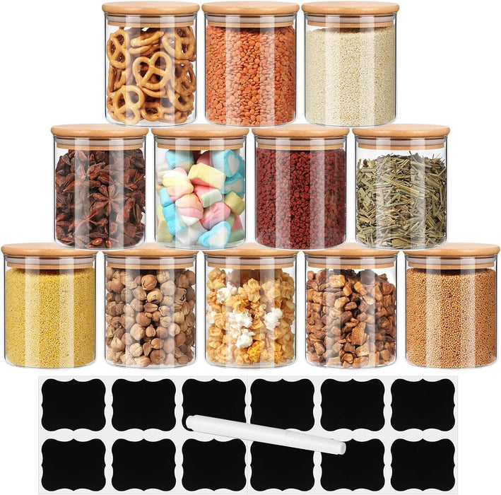 12 Glass Storage Jars with Bamboo Lids and Labels - 230ML