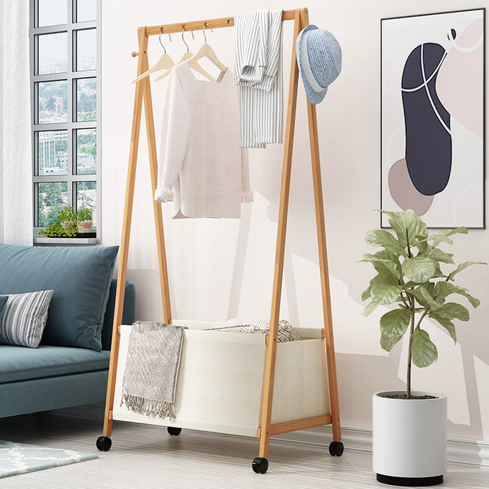 Bamboo Garment Rack Coat Clothes Hanging with Canvas Storage