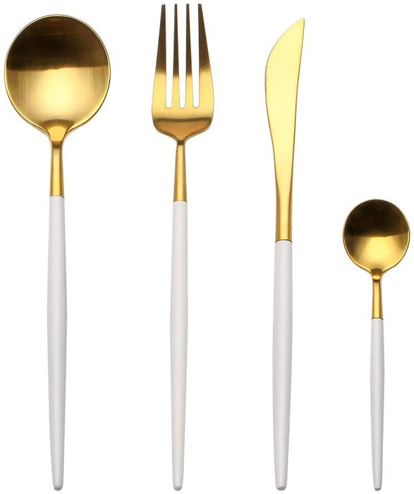 Set For 4 Stainless Steel Utensils Gold White