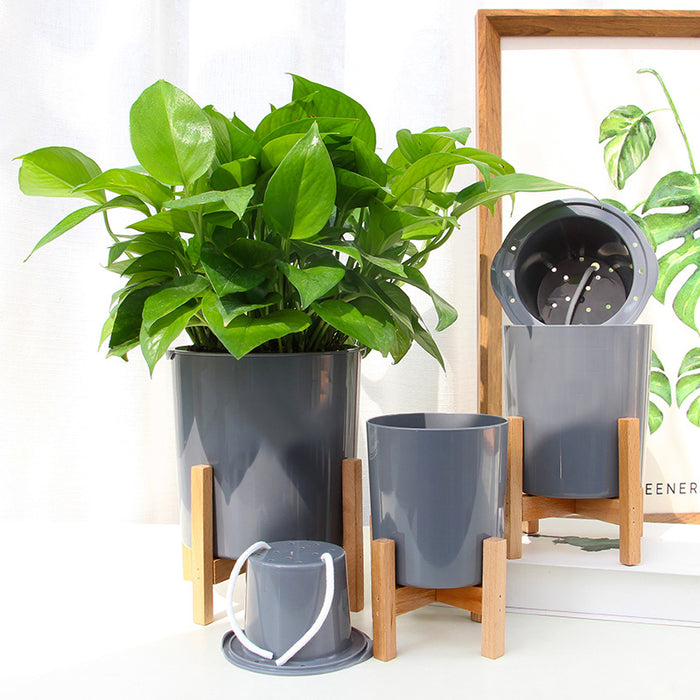 Modern Gray Plastic Plant Pot with Wood Stand  - Small