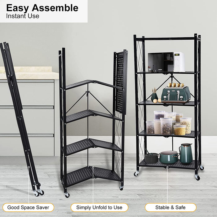 Foldable 5 Tier Kitchen Trolley Shelving Unit With Wheels