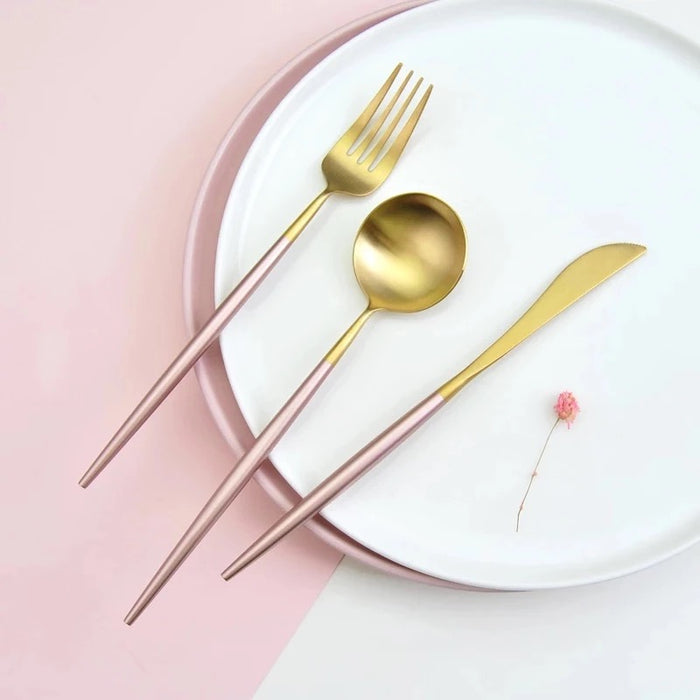 Set For 4 Stainless Steel Utensils Gold Pink