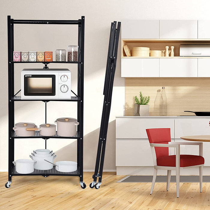 Foldable 5 Tier Kitchen Trolley Shelving Unit With Wheels