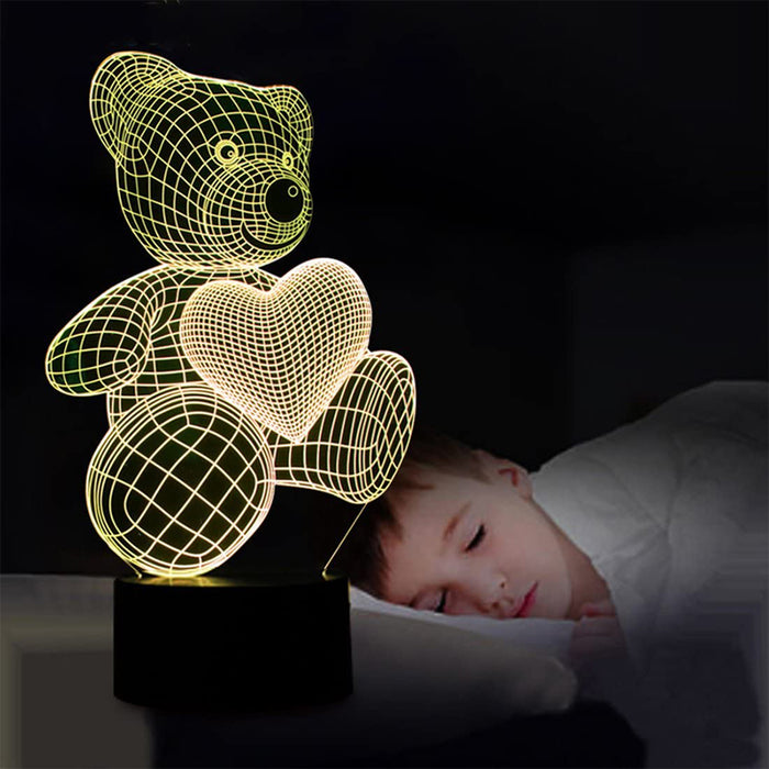 3D Acrylic Teddy Bear 7 Color Bedside Table Light- USB Powered