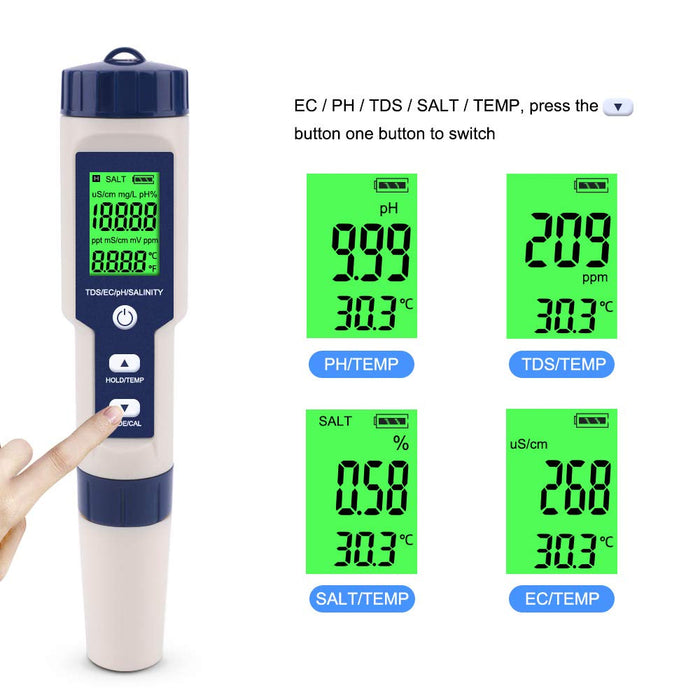 5 in 1 High Accuracy Digital Pen pH Tester for Water