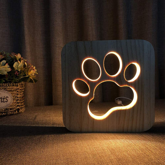 USB Plugged-in Wooden Dag Paw Print LED Night Decorative Lamp