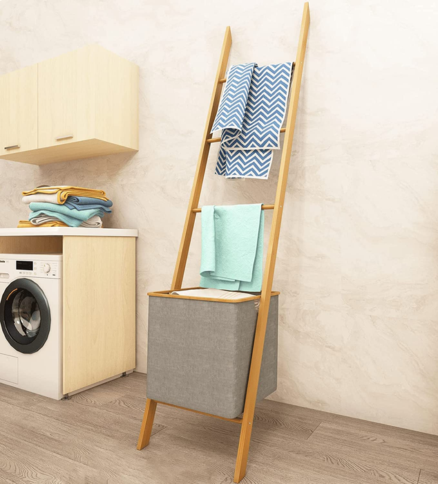 Bamboo Wall Leaning Ladder with Laundry Basket Shelf