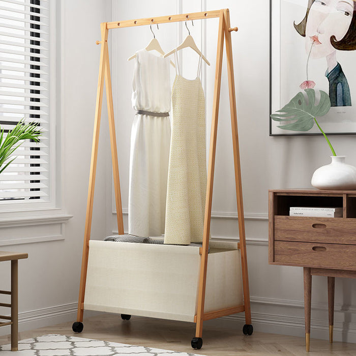 Bamboo Garment Rack Coat Clothes Hanging with Canvas Storage