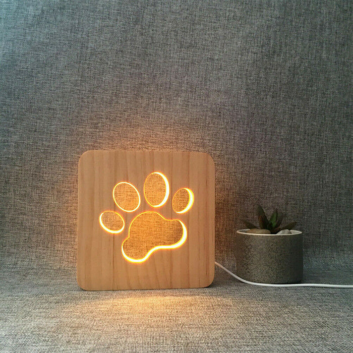 USB Plugged-in Wooden Dag Paw Print LED Night Decorative Lamp