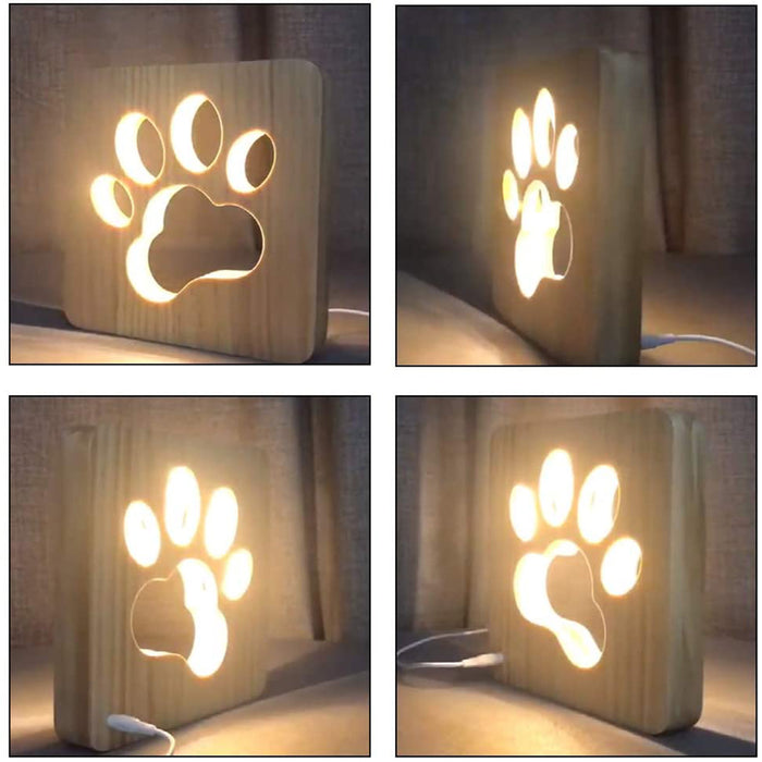 USB Plugged-in Wooden Dag Paw Print LED Night Decorative Lamp