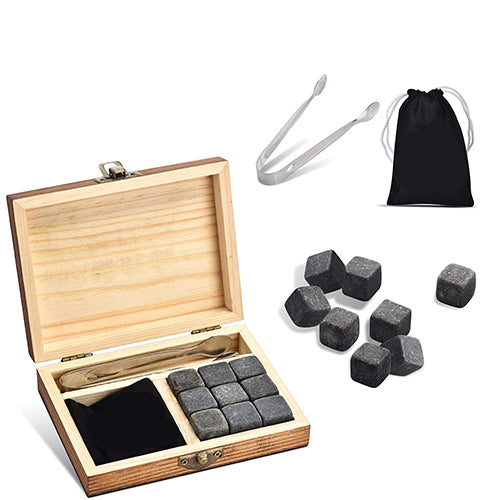 Nine Granite Whisky Stones Wooden Case Set