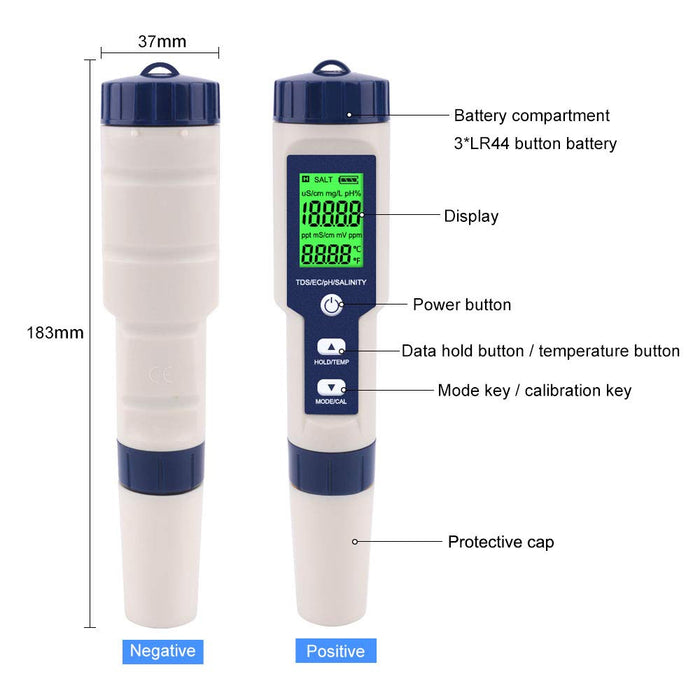 5 in 1 High Accuracy Digital Pen pH Tester for Water