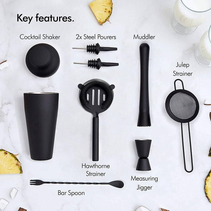 Black Stainless Steel Cocktail Shaker Set - Complete Bartender Kit - 750ml Capacity - 8 Pcs with Measuring Jigger, Muddler, Strainers, and Pourers