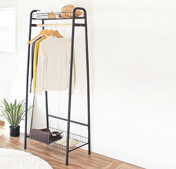 Steel Frame Wood Rod Garment Clothes Rack With Shelves Black