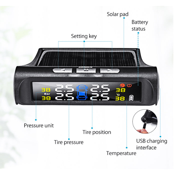 TPMS Solar Powered Wireless Tire Pressure Monitor External Tire Monitoring System