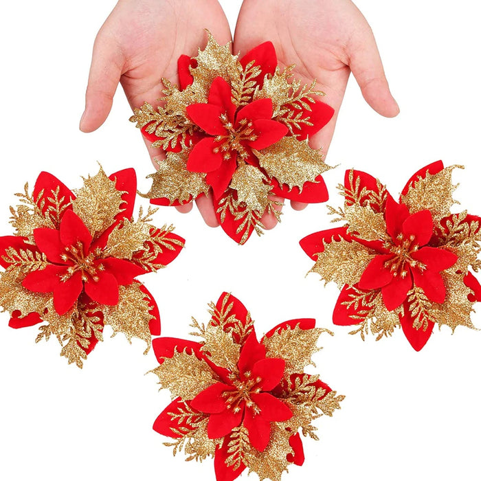 Christmas Glitter Flowers Decorations - 15 Pack