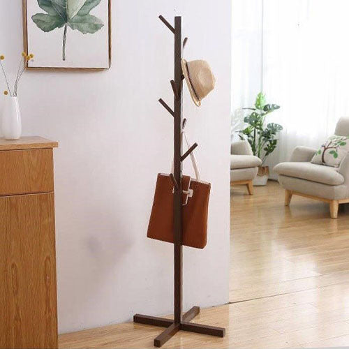 Wooden Cross Base Coat Stand Rack Brown