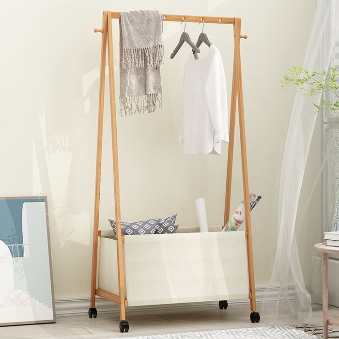 Bamboo Garment Rack Coat Clothes Hanging with Canvas Storage