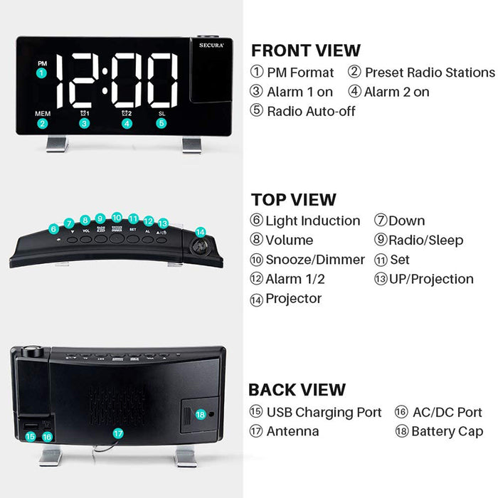 Projector FM Radio LED Display Alarm Clock- Battery Operated