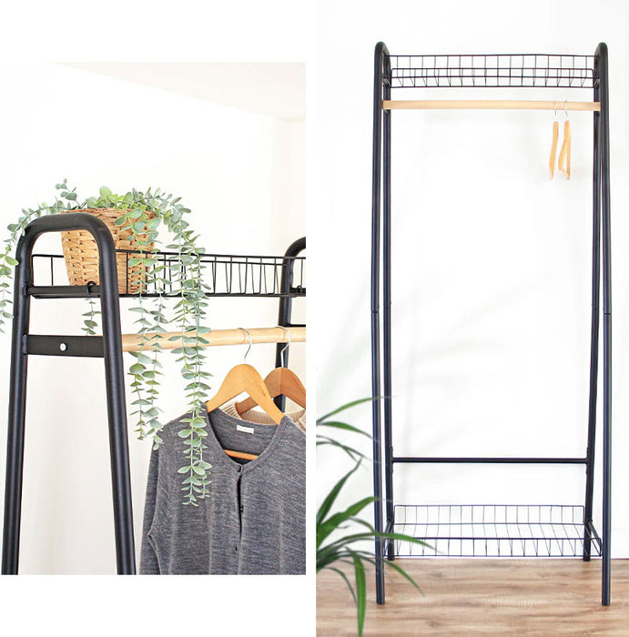 Steel Frame Wood Rod Garment Clothes Rack With Shelves White